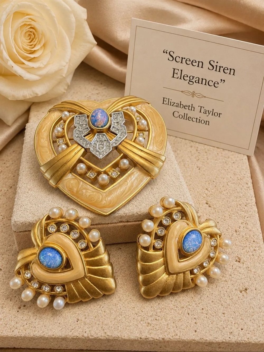 Elizabeth Taylor for Avon Heart Brooch and Earring Set with Blue Opal and Pearls